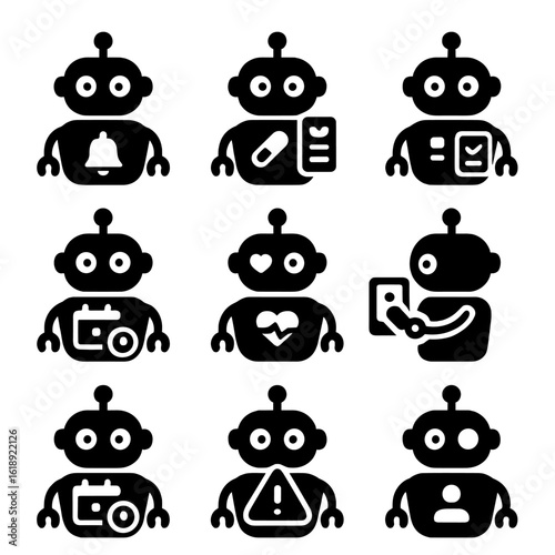Personal Assistant Robot Icons. Solid, filled icons set of personal assistant robots: reminder alert,