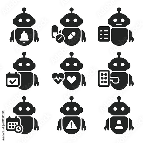 Personal Assistant Robot Icons. Solid, filled icons set of personal assistant robots: reminder alert,