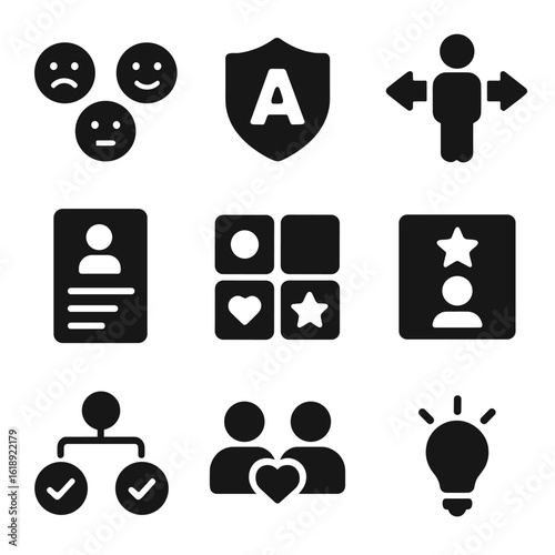 Personality Quiz Icons. Solid, filled icons set of personality quiz design: mood face icons, profile type