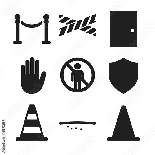 Personal Space Icons. Solid, filled icons set of personal space and symbolic borders: red rope barrier, do-not