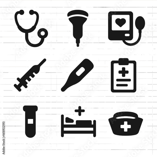 Medical Tools Icons. Solid, filled icon set of expecting medical tools: stethoscope, ultrasound probe, blood pressure monitor,