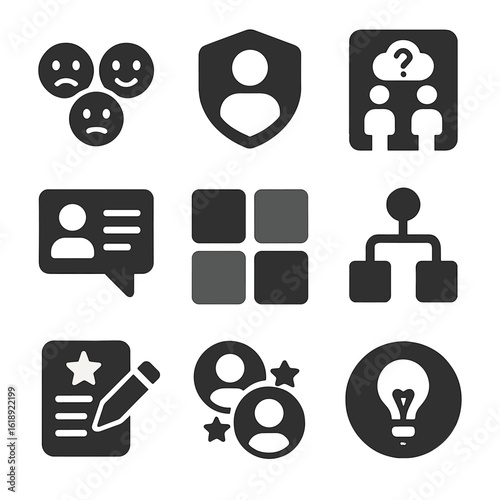 Personality Quiz Icons. Solid, filled icons set of personality quiz design: mood face icons, profile type
