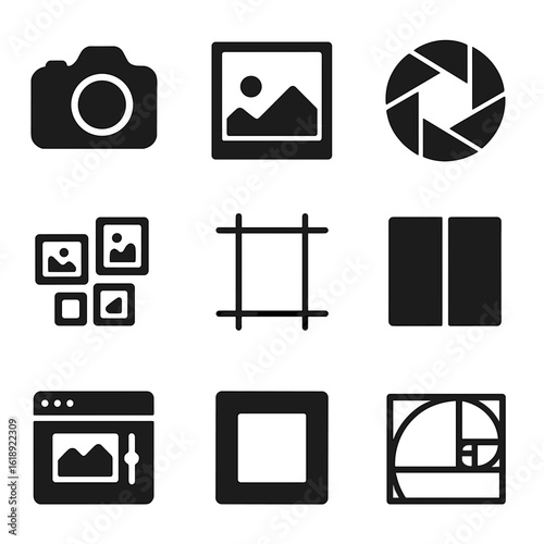 Photography Art Icons. Solid, filled icons set of photography as an art form: DSLR camera, photo frame, lens