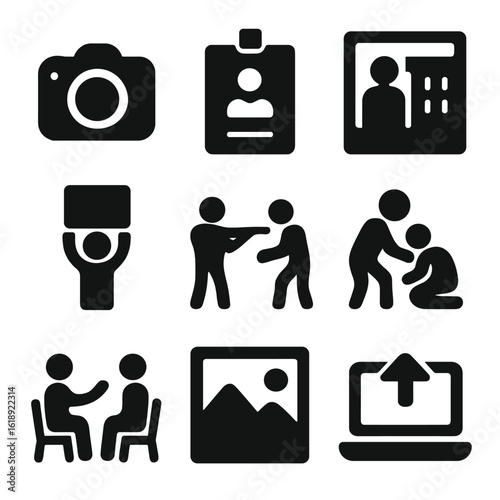 Photojournalism Icons Grid. Solid, filled icons set of photojournalism and documentary: reporter camera, press