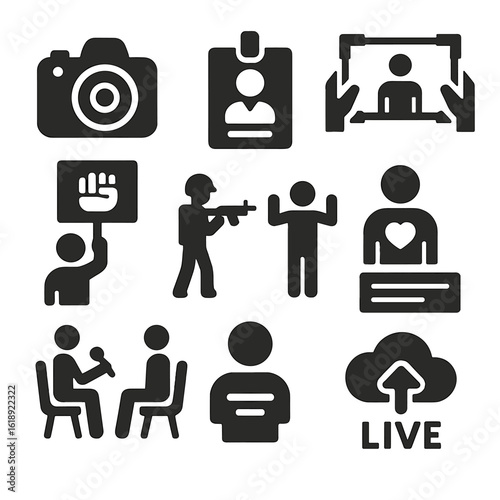 Photojournalism Icon Set. Solid, filled icons set of photojournalism and documentary: reporter camera, press