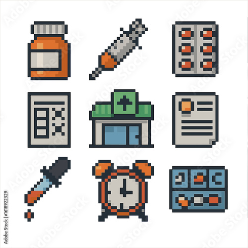Medication Management Icons. Pixel art icon set of medication management: pill bottle, syringe, blister pack, dosage chart,