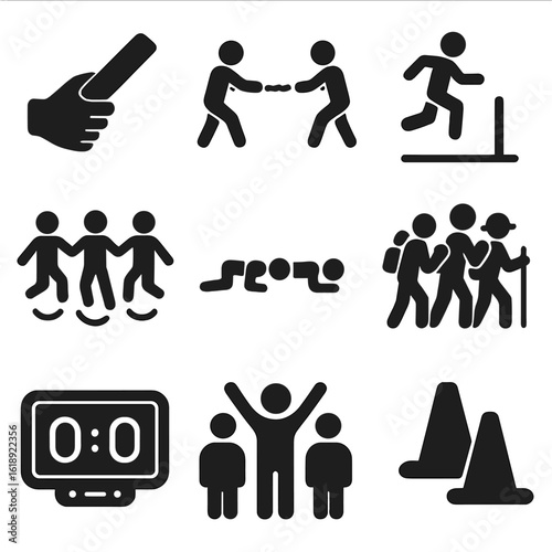 Physical Team Games Icons. Solid, filled icons set of physical team building games: relay race baton, tug of