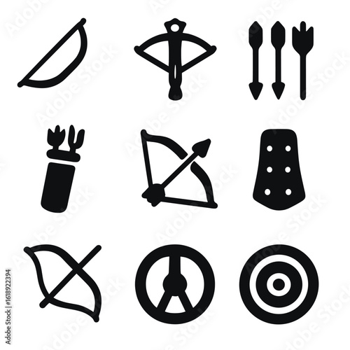 Medieval Archery Icons. Solid, filled icon set of medieval bows: longbow, crossbow, arrows, quiver, bowstring, arrow rest, wooden