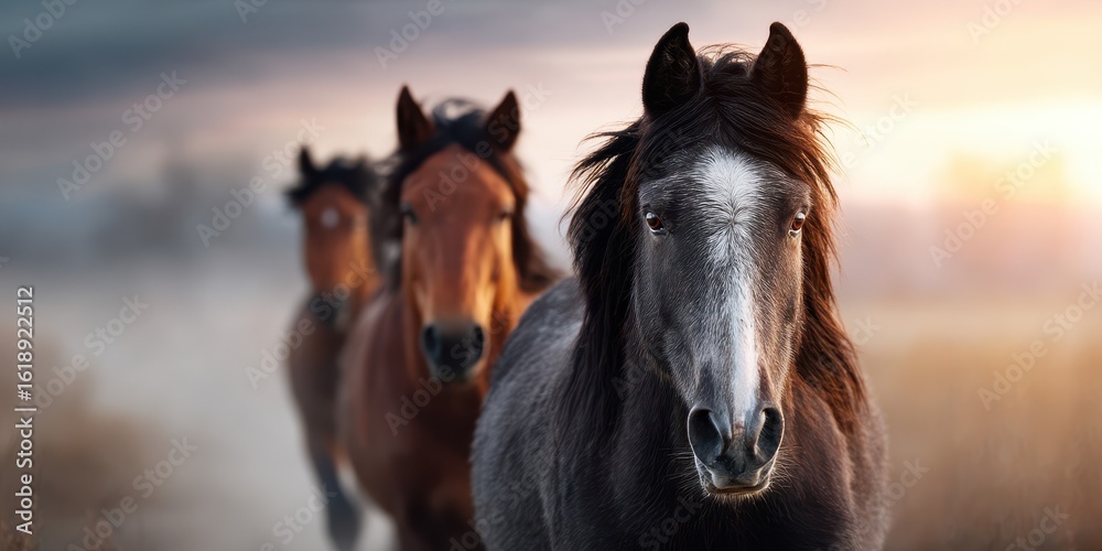 Fototapeta premium Horses running through a misty field at dawn with soft light illuminating their features and surroundings