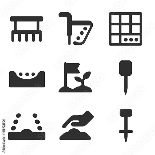 Planting Techniques Icons. Solid, filled icons set of planting techniques and spacing: even row marker,