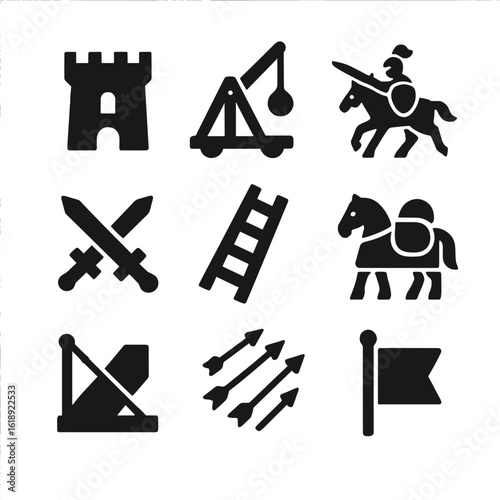 Medieval Warfare Icons. Solid, filled icon set of medieval warfare strategy: castle defense, trebuchet, knight charge, sword clash