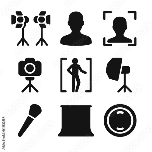 Portrait Photography Icons. Solid, filled icons set of portrait photography: studio lights, human silhouette,