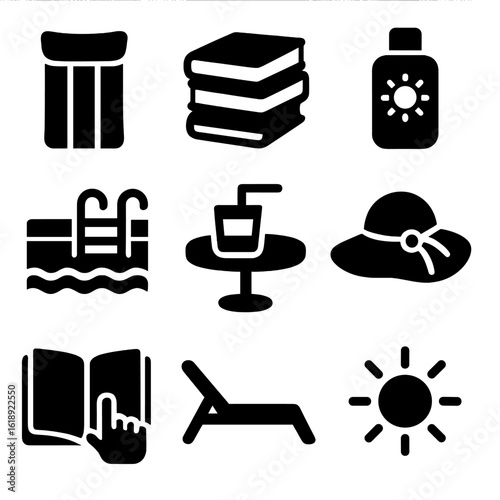 Poolside Reading Icons. Solid, filled icons set of reading by the pool: pool float, book stack, sun lotion,