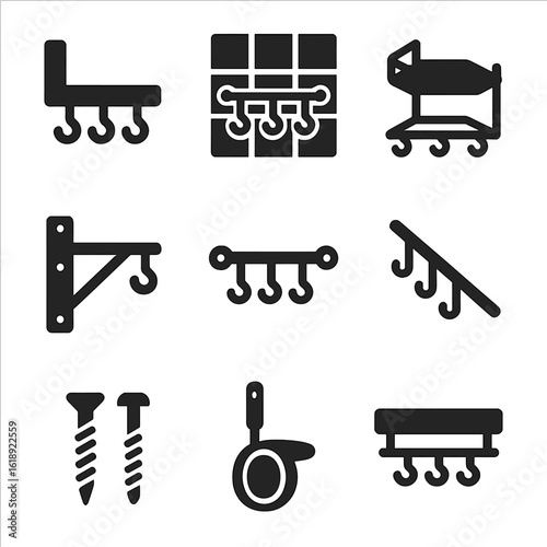 Pot Rack Icons. Solid, filled icons set of corner and wall-mounted pot racks: L-shaped bar, tiled wall