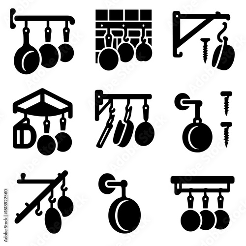 Pot Rack Icons. Solid, filled icons set of corner and wall-mounted pot racks: L-shaped bar, tiled wall