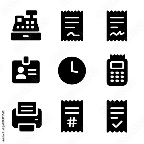 POS Receipt Icon Set. Solid, filled icons set of point-of-sale receipt features: cash register, printed slip,