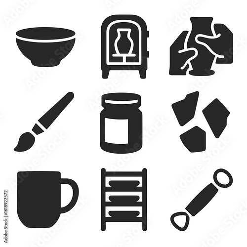 Pottery Icons Set. Solid, filled icons set of pottery and ceramics: ceramic bowl, pottery kiln, gloved hands