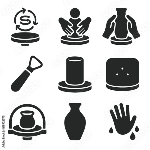 Pottery Techniques Icons. Solid, filled icons set of wheel-thrown pottery techniques: wheel with spinning icon