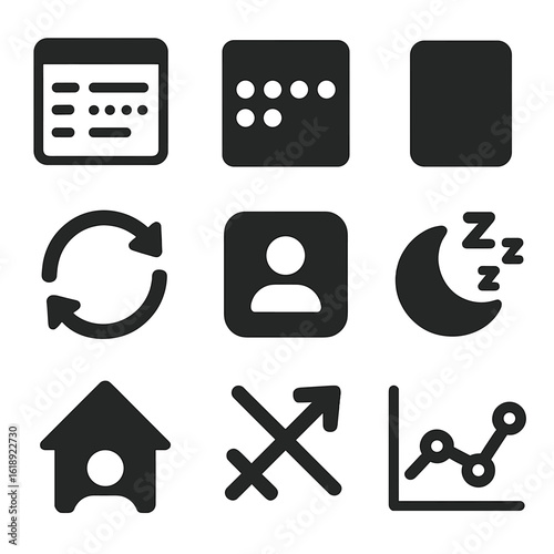 Programmable Thermostat Icons. Solid, filled icons set of programmable thermostat settings: schedule screen,