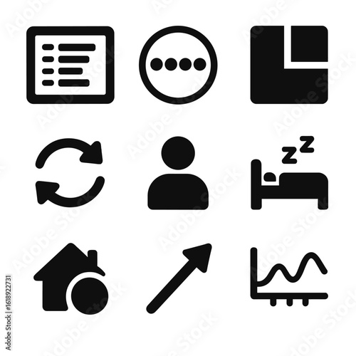 Programmable Thermostat Icons. Solid, filled icons set of programmable thermostat settings: schedule screen,