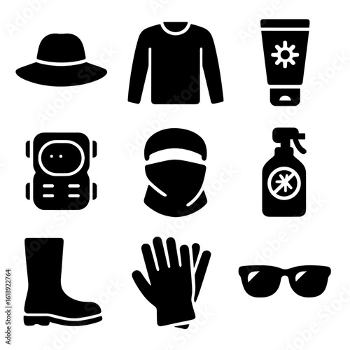 Protective Farming Gear Icons. Solid, filled icons set of protective farming gear: straw hat, long-sleeve