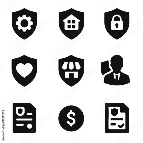 Enterprise Insurance Icons. Solid, filled icons set of enterprise insurance coverage types: general liability,
