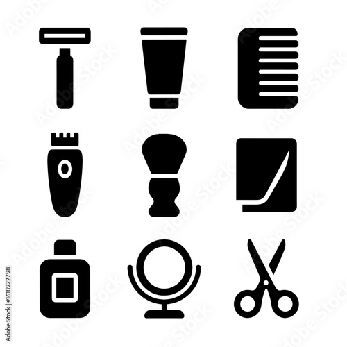 Men's Grooming Icons. Solid, filled icon set of men’s grooming essentials: safety razor, shaving cream tube, beard comb, trimmer,