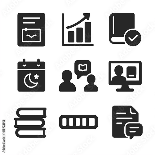 Reading Icon Set. Solid, filled icons set of book club and bedtime reading challenges: reading log, goal