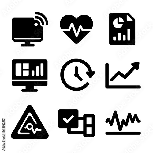 Real-Time Analytics Icons. Solid, filled icons set of real-time analytics systems: live data stream, pulse
