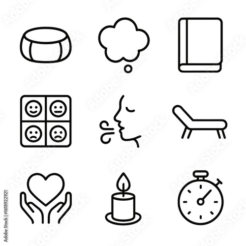 Mental Wellness Icons. Outline icon set of mental wellness practices: meditation cushion, thought bubble, journal notebook, mood