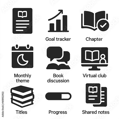 Reading Icon Set. Solid, filled icons set of book club and bedtime reading challenges: reading log, goal