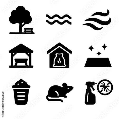 Environmental Feeding Icons. Solid, filled icons set of environmental factors for feeding: shade area, water
