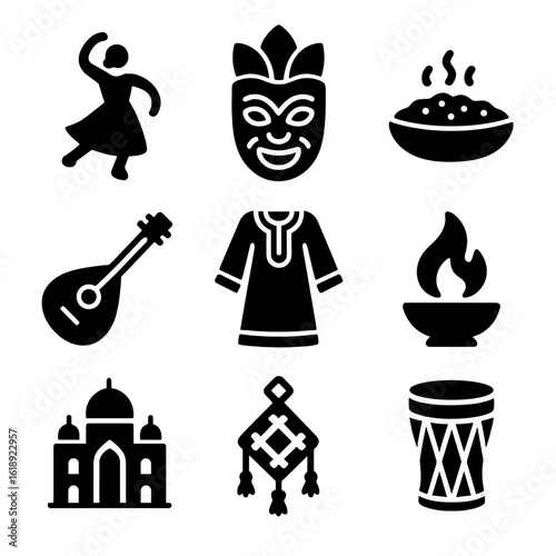 Regional Cultural Icons. Solid, filled icons set of cultural traditions by region: folk dance figure, festival