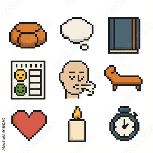 Mental Wellness Icons. Pixel art icon set of mental wellness practices: meditation cushion, thought bubble, journal notebook, mood