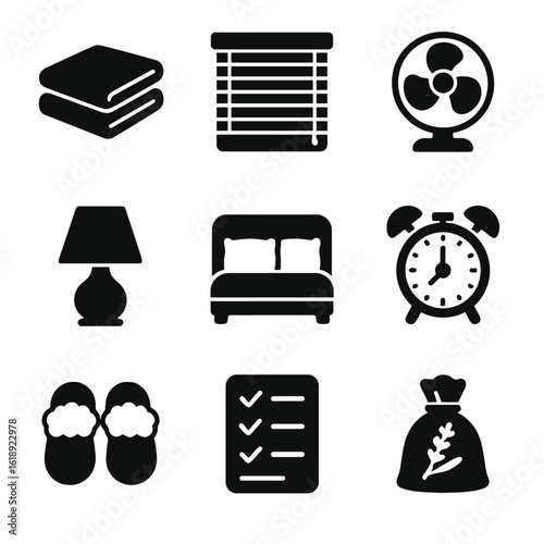 Relaxing Bedroom Icons. Solid, filled icons set of relaxing bedroom environment: clean sheets, closed blinds,