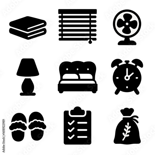 Relaxing Bedroom Icons. Solid, filled icons set of relaxing bedroom environment: clean sheets, closed blinds,