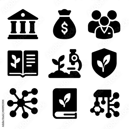 Research Icons Set. Solid, filled icons set of academic and institutional research on crops: university