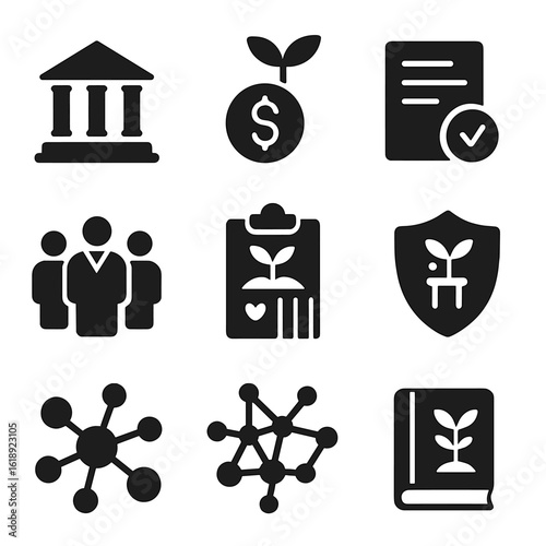 Research Icons Set. Solid, filled icons set of academic and institutional research on crops: university