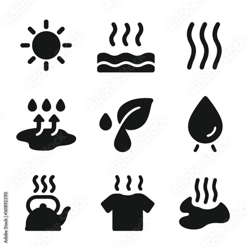 Evaporation Icon Set. Solid, filled icons set of evaporation and heat: sun icon, water surface, heat wave,
