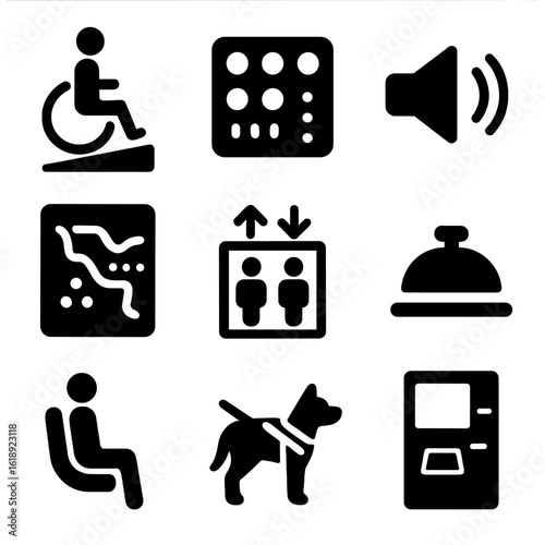 Metro Accessibility Icons. Solid, filled icon set of Metro accessibility features: wheelchair ramp, tactile paving, audio