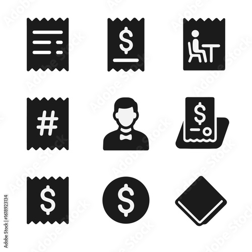 Restaurant Receipt Icons. Solid, filled icons set of restaurant and café receipts: meal item list, tip line,