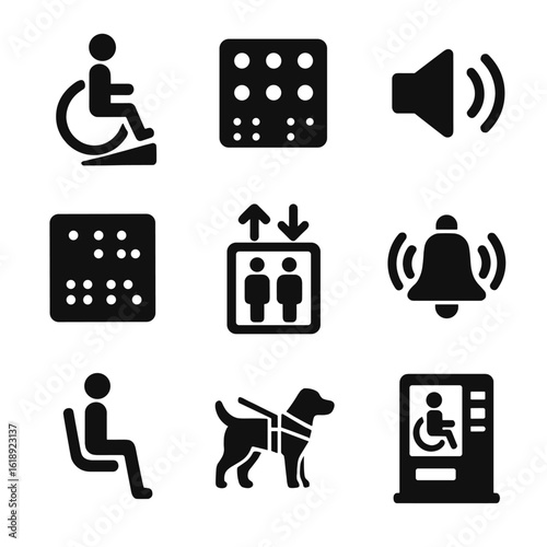 Metro Accessibility Icons. Solid, filled icon set of Metro accessibility features: wheelchair ramp, tactile paving, audio