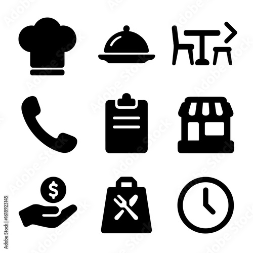 Restaurant Service Icons. Solid, filled icons set of restaurant-to-home service: chef hat, plated dish,