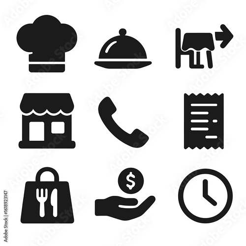 Restaurant Service Icons. Solid, filled icons set of restaurant-to-home service: chef hat, plated dish,