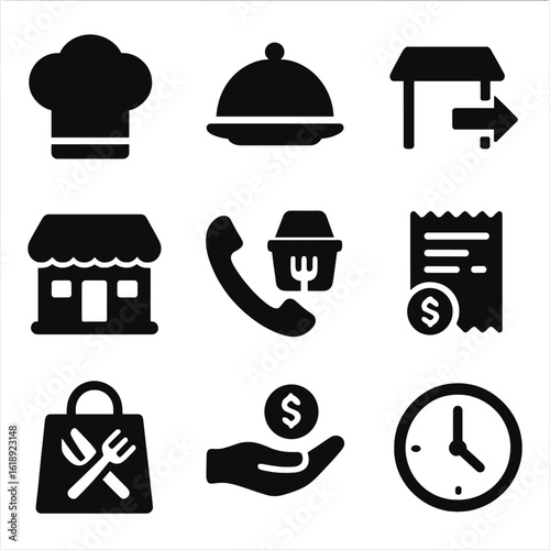Restaurant Service Icons. Solid, filled icons set of restaurant-to-home service: chef hat, plated dish,