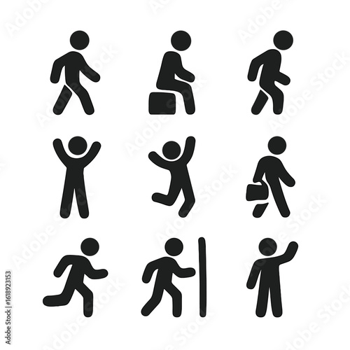Everyday Movement Icons. Solid, filled icon set of everyday human movement: walking person, sitting down, standing up, stretching,