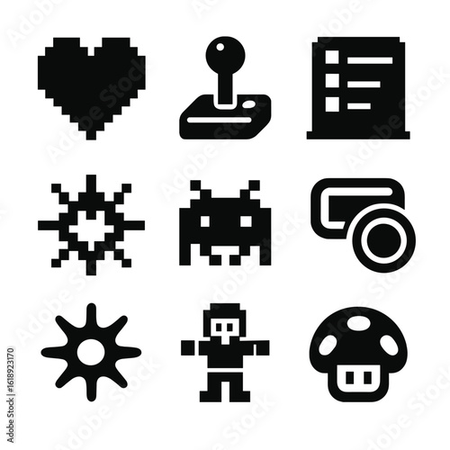 Retro Arcade Icon Set. Solid, filled icons set of retro arcade action games: pixel heart, arcade joystick,