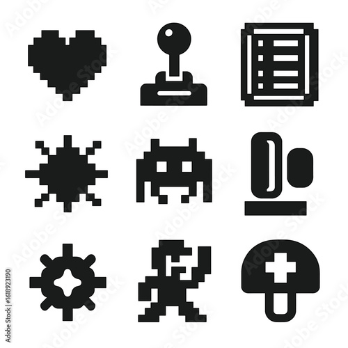 Retro Arcade Icon Set. Solid, filled icons set of retro arcade action games: pixel heart, arcade joystick,