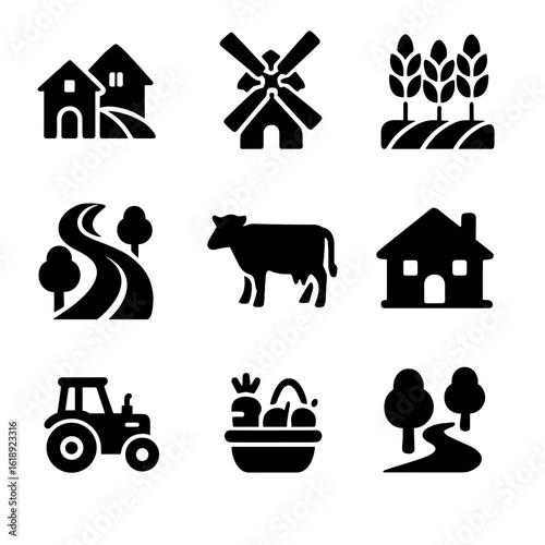 Rural Icon Collection. Solid, filled icons set of rural and countryside living: farmhouse, windmill, field