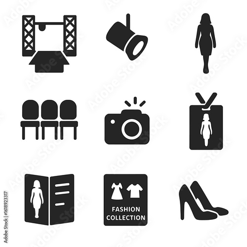 Runway Fashion Icons. Solid, filled icons set of runway fashion shows: catwalk stage, spotlight icon, model